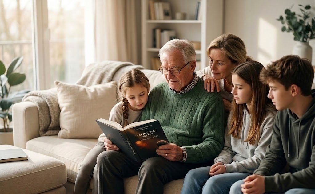 Familie liest gemeinsam aus dem fertigen Lebensbuch